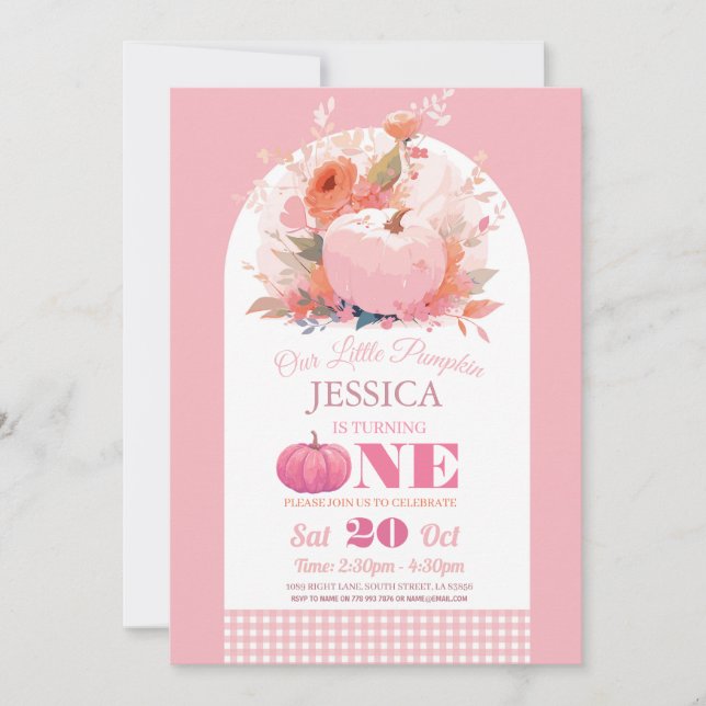 Invitación Calabaza Rosa 1 Chicas de un cumpleaños otoño otoñ (Anverso)