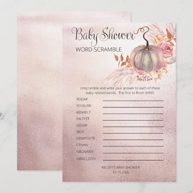 Invitación Calabaza rosa Boho Pampas Baby Shower Word Scrambl (Anverso / Reverso)