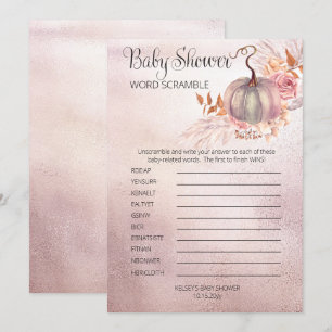 Invitación Calabaza rosa Boho Pampas Baby Shower Word Scrambl