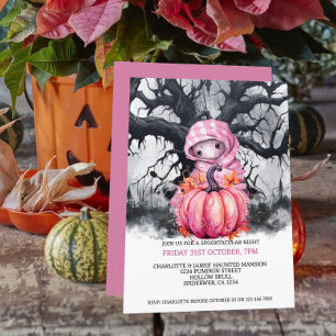 Invitación Calabaza rosa de Halloween espeluznante y figura e