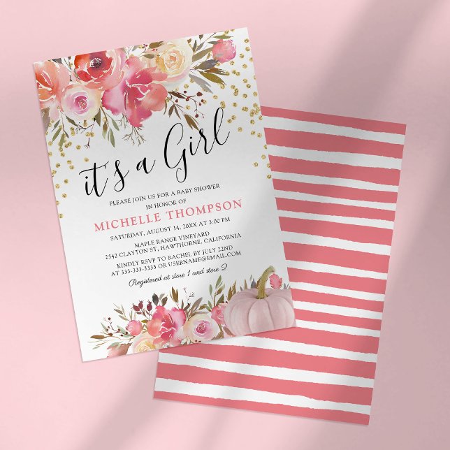 Invitación Calabaza rosa de otoño es un Baby Shower floral Ch (Subido por el creador)
