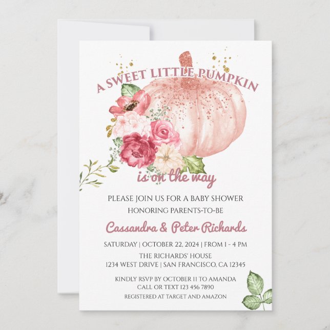 Invitación Calabaza rosa Floral Oro rosa Beber ducha (Anverso)