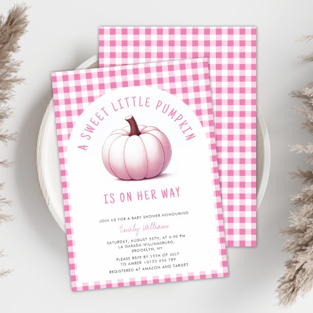 Invitación Calabaza Rosa Gingham Plantar a la Niña Baby Showe (Subido por el creador)