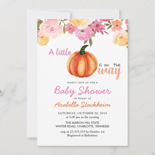 Invitación Calabaza rosa Naranja| Baby Shower (Anverso)