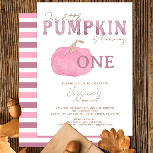 Invitación Calabaza rosa otoño 1er cumpleaños fiesta de invit (pink pumpkin modern watercolor birthday party invitation)