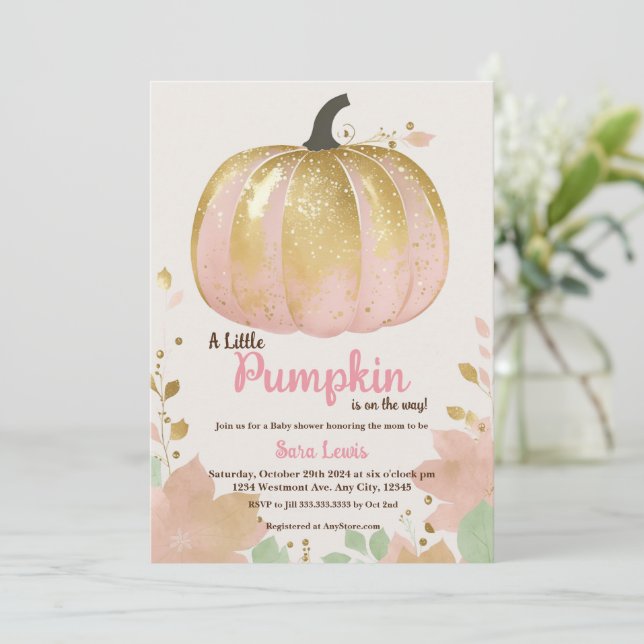Invitación Calabaza rosa otoño bebé ducha calabaza de oro (Anverso de pie)