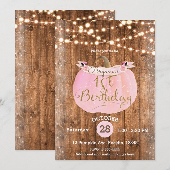 Invitación Calabaza Rosa Otoño Rústico Luces de Madera Cumple (Anverso / Reverso)