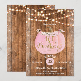 Invitación Calabaza Rosa Otoño Rústico Luces de Madera Cumple