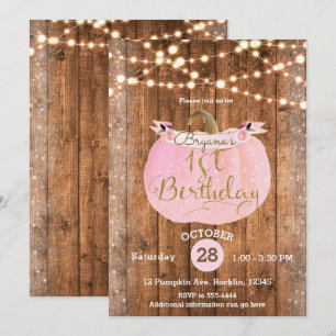 Invitación Calabaza Rosa Otoño Rústico Luces de Madera Cumple