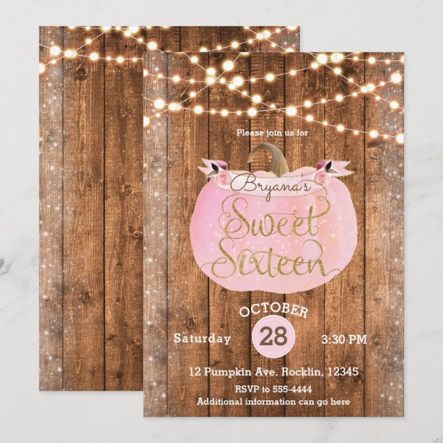 Invitación Calabaza Rosa Otoño Rústico Luces de Madera Dulces (Anverso / Reverso)