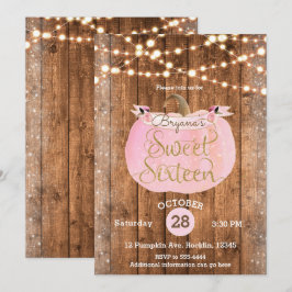 Invitación Calabaza Rosa Otoño Rústico Luces de Madera Dulces