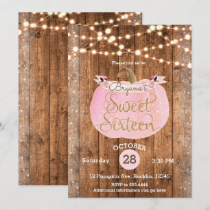 Invitación Calabaza Rosa Otoño Rústico Luces de Madera Dulces