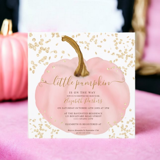 Invitación Calabaza rosa purpurina dorada acuarela de la duch (Gold glitter pink pumpkin watercolor baby shower invitation)