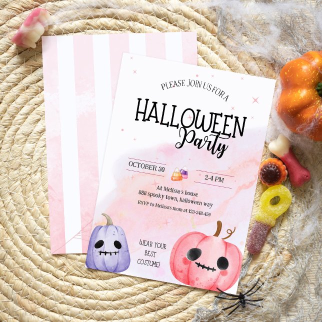 Invitación Calabaza rosa suave acuarela niños fiesta de hallo (Subido por el creador)