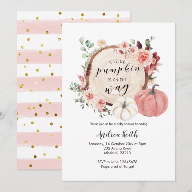 Invitación calabaza rosa y dorada está en camino (Anverso / Reverso)