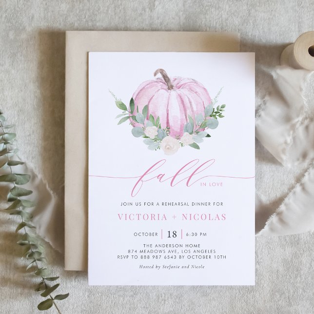 Invitación Calabaza rosa y verde ensayo de otoño cena (Subido por el creador)