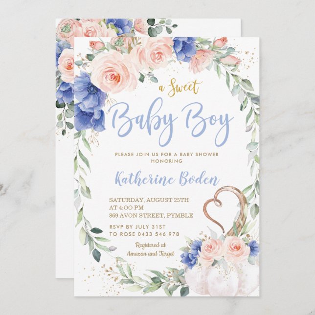 Invitación Calabaza Rubor Blue Floral Wreath Boy Baby Shower  (Anverso / Reverso)