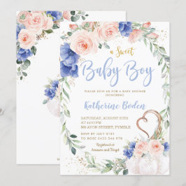 Invitación Calabaza Rubor Blue Floral Wreath Boy Baby Shower 