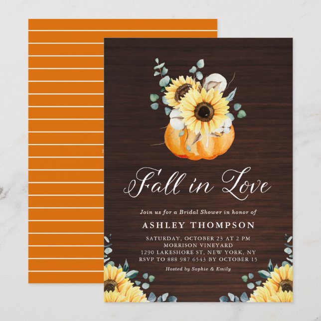 Invitación Calabaza Rusa de Madera y Ducha Bridal de Sunflowe (Anverso / Reverso)