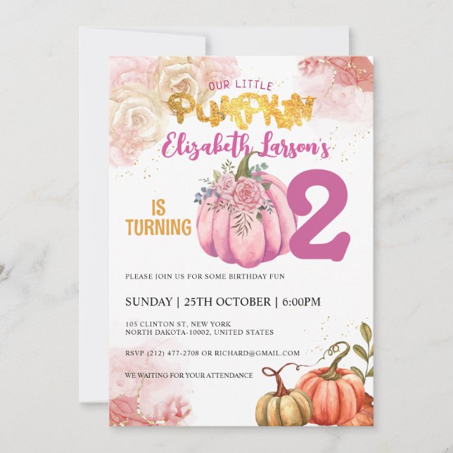 Invitación Calabaza Rusa Purpurina de cumpleaños acuarela (Anverso)