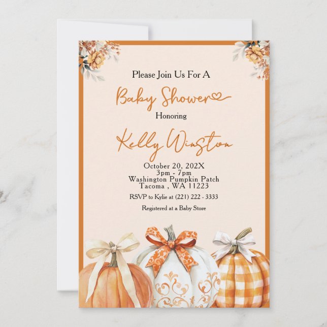 Invitación Calabaza Rustica Caída Calabaza Neutral Baby Showe (Anverso)