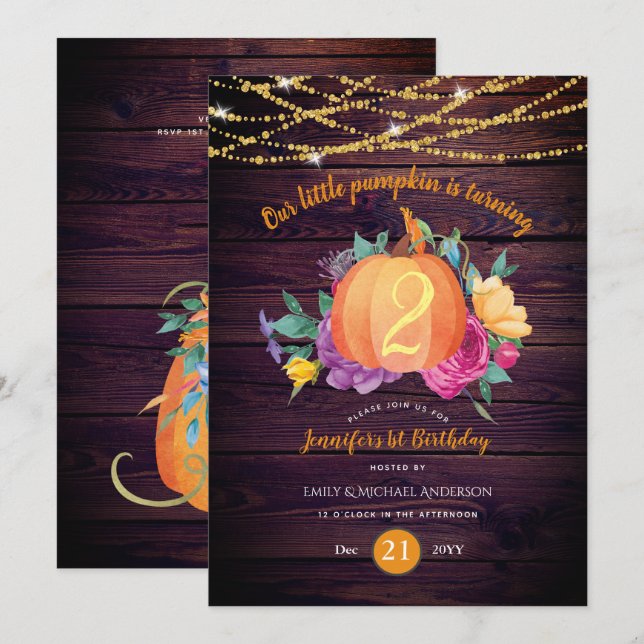 Invitación Calabaza Rústica CUALQUIER acuarela de cumpleaños  (Anverso / Reverso)