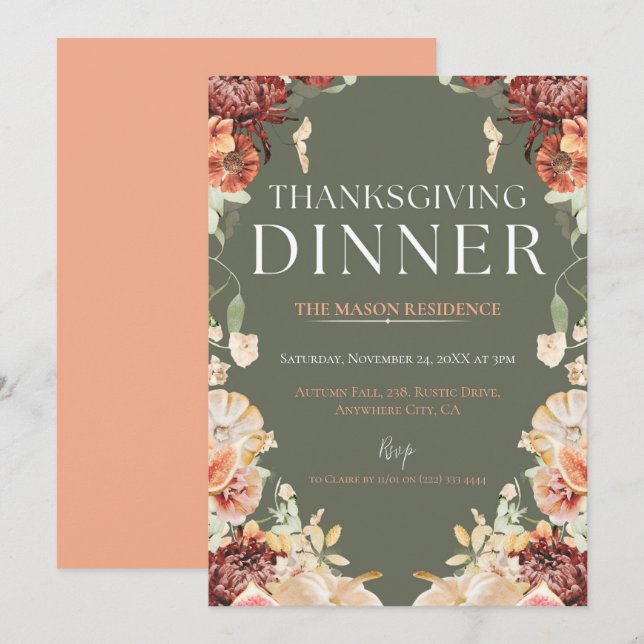 Invitación Calabaza Rustica de la Cena de Acción de Gracias (Anverso / Reverso)