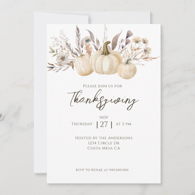 Invitación Calabaza Rustica de la Cena de Acción de Gracias (Anverso)