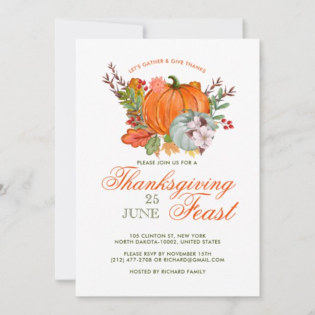 Invitación Calabaza Rústica de la cena del Día de Acción de G (Anverso)