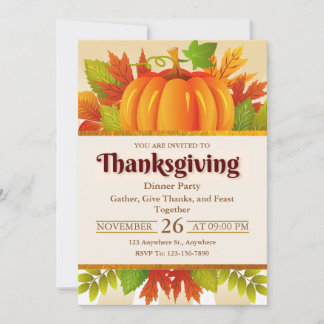 Invitación Calabaza Rústica, Hojas de Otoño Cena de Acción de