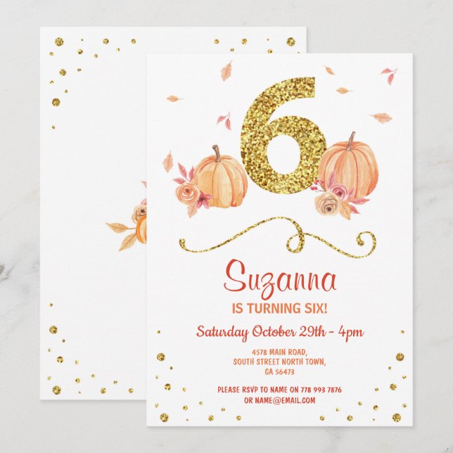 Invitación Calabaza SEIS cumpleaños 6º Fiesta Oro Invitado (Anverso / Reverso)