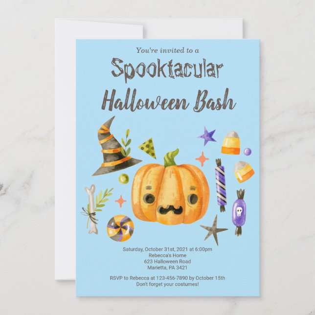 Invitación Calabaza Spooktacular Halloween Bash Fiesta Azul (Anverso)