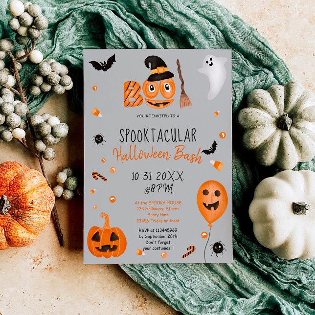 Invitación Calabaza suave Boo Gris bash Halloween (Cute pumpkin Boo Halloween bash gray Invitation)