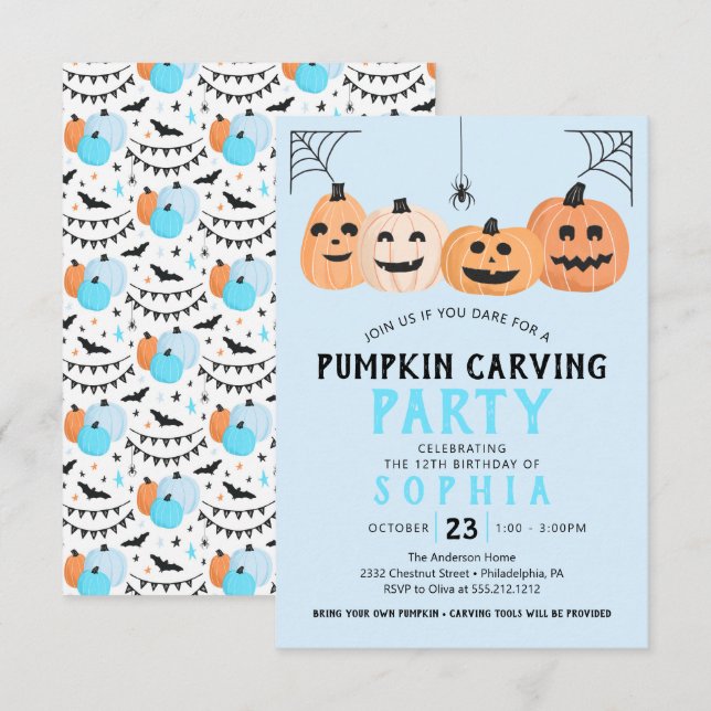 Invitación Calabaza tallando fiesta de cumpleaños Halloween (Anverso / Reverso)