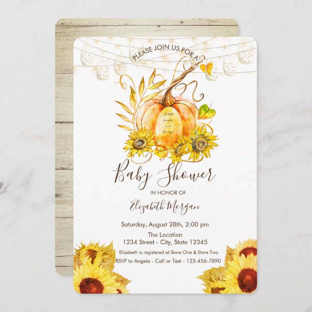 Invitación Calabaza, textura de madera, Baby Shower girasol (Anverso / Reverso)