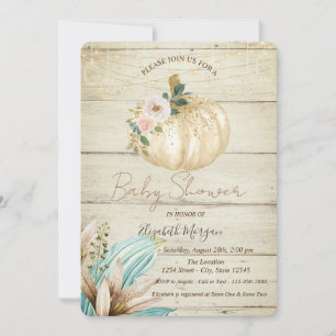 Invitación Calabaza, Textura de Madera, Flores Boho Baby Show