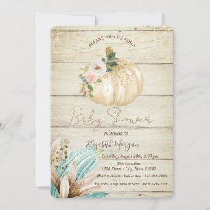 Invitación Calabaza, Textura de Madera, Flores Boho Baby Show