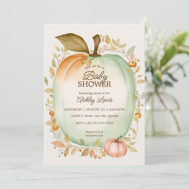Invitación Calabaza verde otoño bebé ducha de agua calabaza a (Anverso de pie)