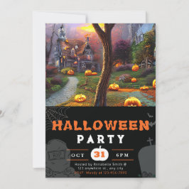 Invitación Calabaza y Casa Embrujada Halloween Negro