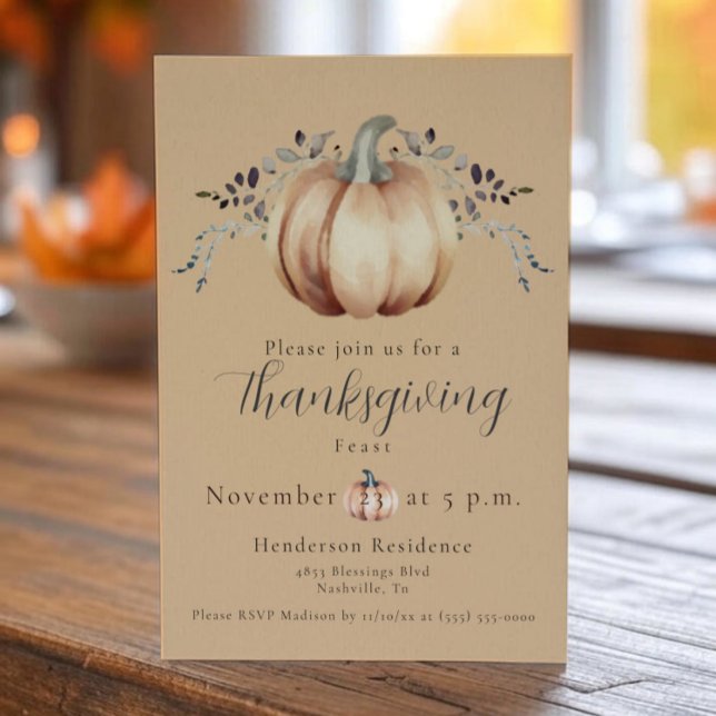 Invitación Calabaza y cena de Acción de Gracias | Anaranjado (Orange Pumpkin and Vine Thanksgiving Dinner Invitation)