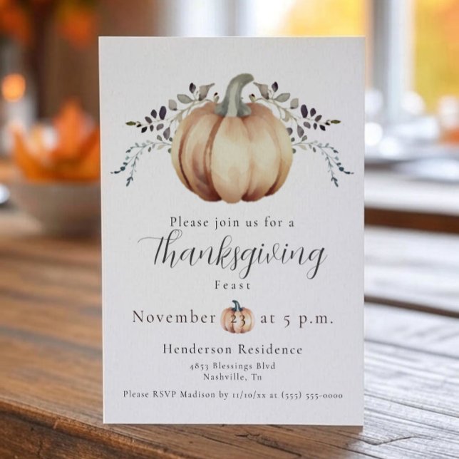 Invitación Calabaza y cena de Acción de Gracias | Blanca (White Pumpkin and Vine Thanksgiving Dinner Invitation)