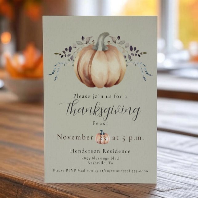 Invitación Calabaza y cena de Acción de Gracias | Green (Green Pumpkin and Vine Thanksgiving Dinner Invitation)