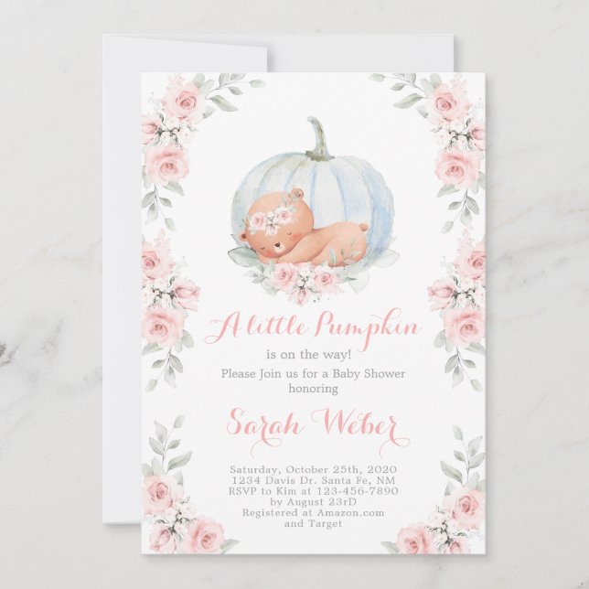Invitación Calabaza y chica Baby Shower de oso (Anverso)