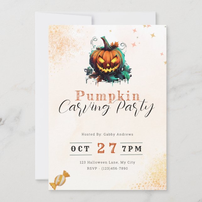 Invitación Calabaza y hojas Naranja Calabaza talladora Fiesta (Anverso)