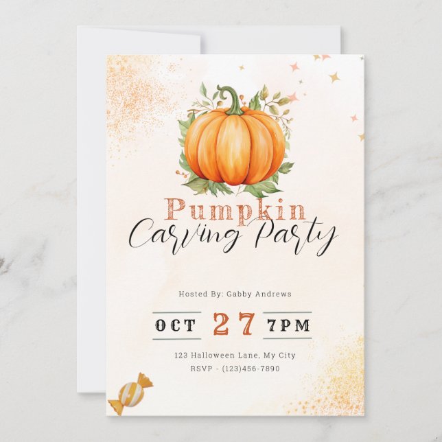 Invitación Calabaza y hojas Naranja Calabaza talladora Fiesta (Anverso)
