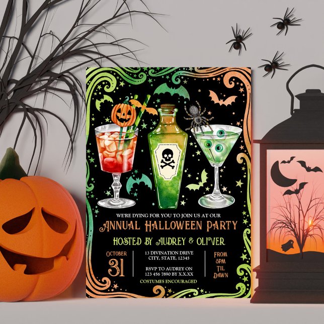 Invitación Calabaza y poetas del Fiesta de cócteles de Hallow (Annual Halloween Cocktail Party Green and Orange Invitation)