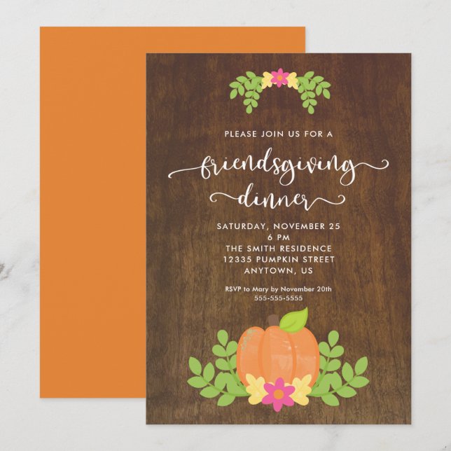 Invitación Calabaza y vegetación para la cena de estilo rústi (Anverso / Reverso)