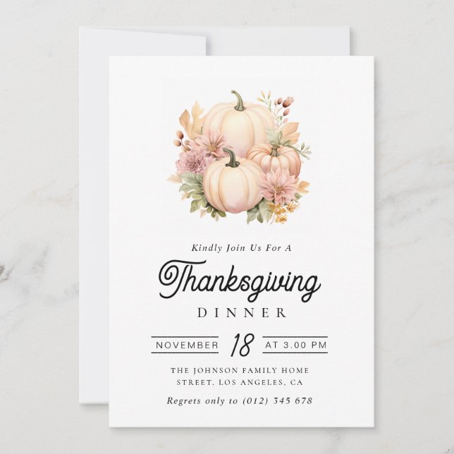 Invitación calabazas acuarelas Cena de Acción de Gracias (Anverso)