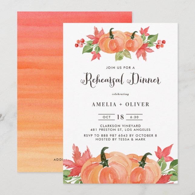 Invitación Calabazas acuarelas Ensayo de otoño Cena (Anverso / Reverso)