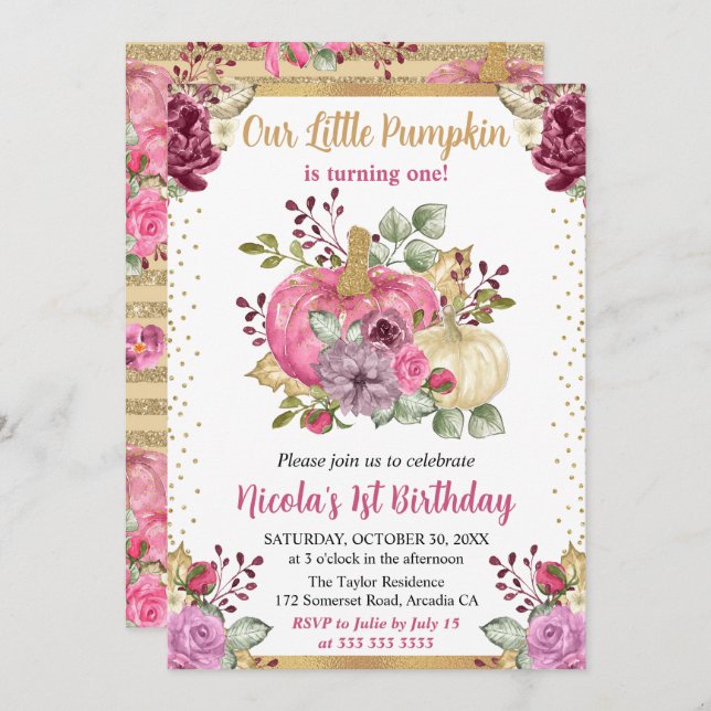 Invitación Calabazas acuarelas Florales Caen Primer Cumpleaño (Anverso / Reverso)